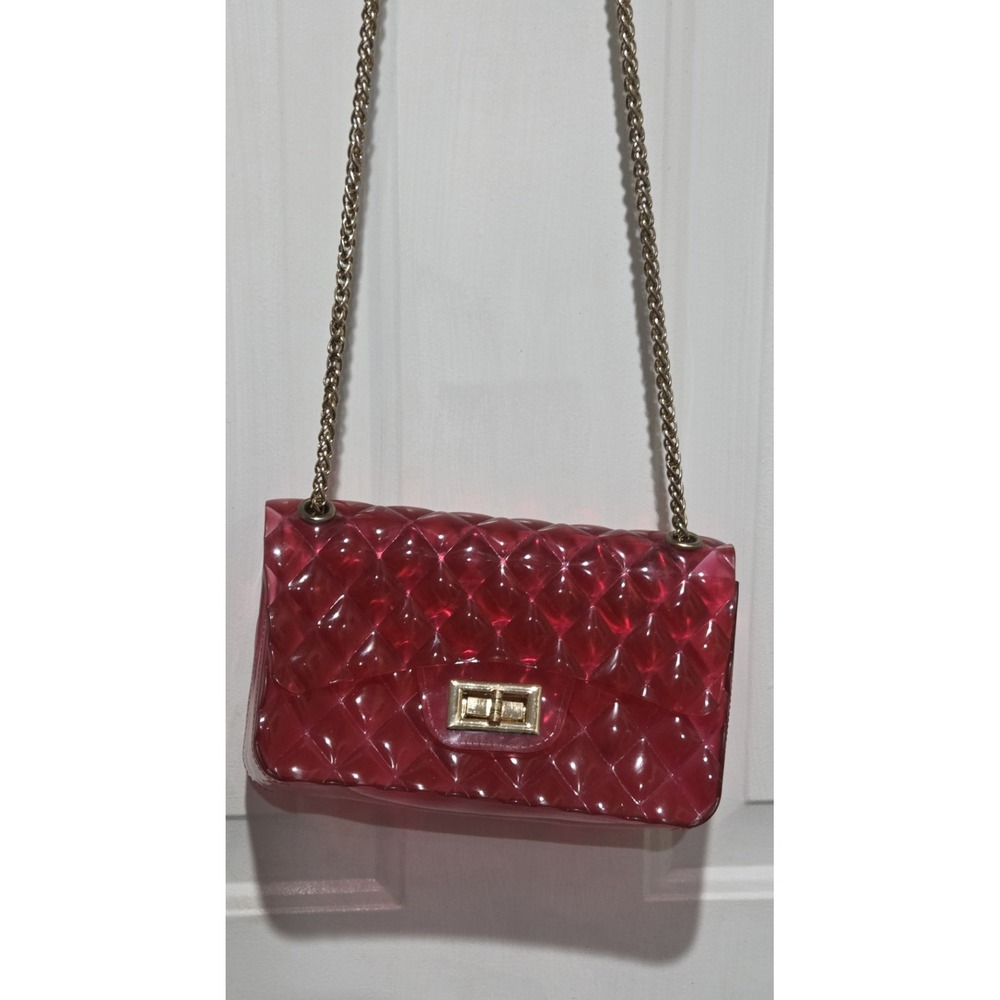 Small Red Jelly Quilted Crossbody Bag W/Gold Toned Chain Strap & Turn Lock Retro